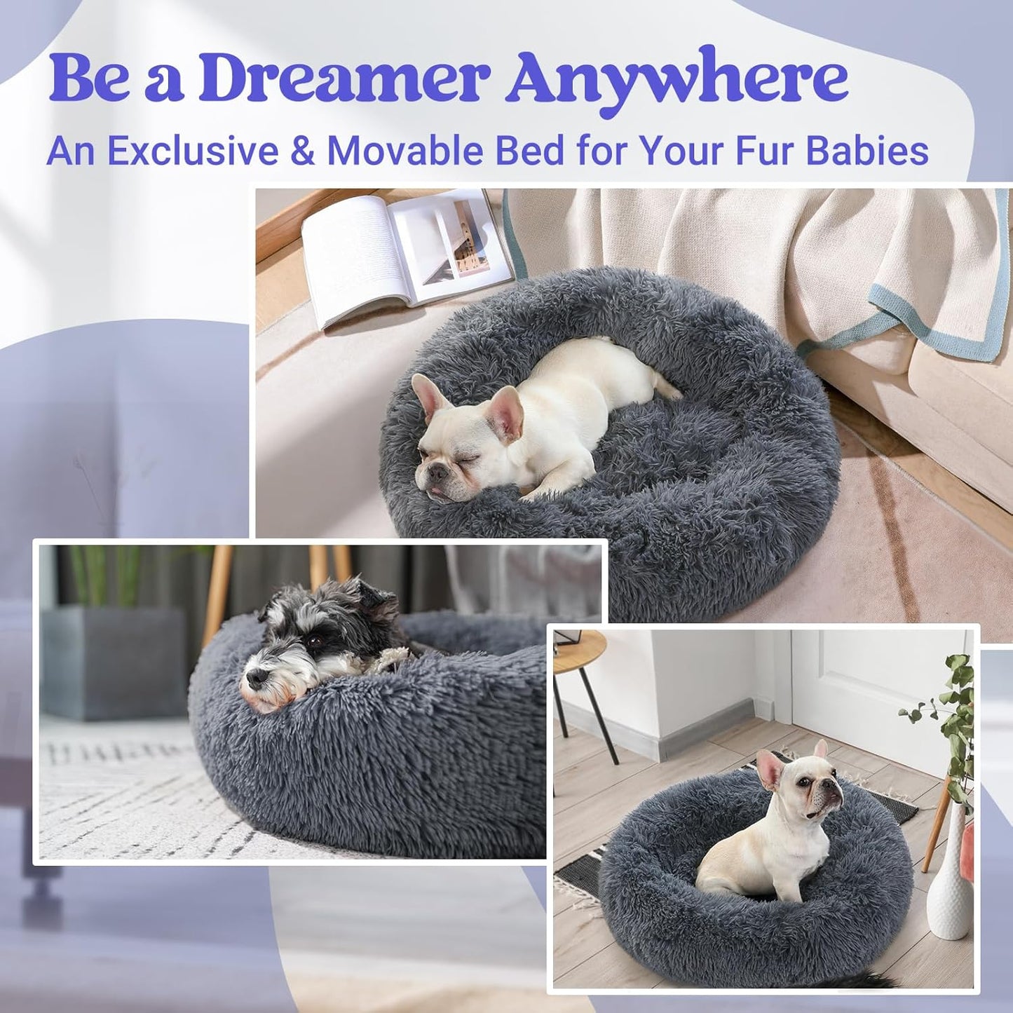 Calming Donut Dog Bed – Soft Plush Anti-Anxiety Bed with Non-Slip Base (24” for Small Dogs)