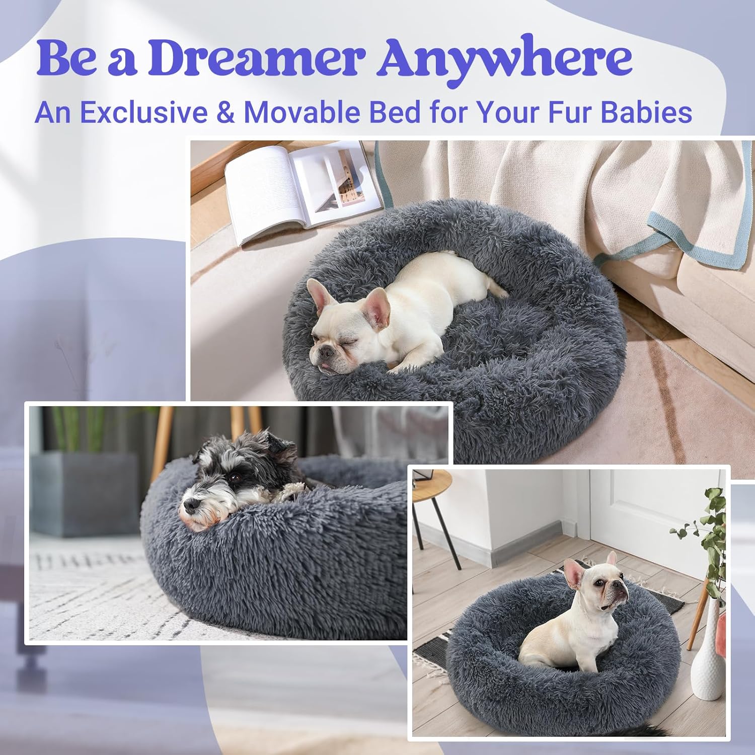 Calming Donut Dog Bed – Soft Plush Anti-Anxiety Bed with Non-Slip Base (24” for Small Dogs)