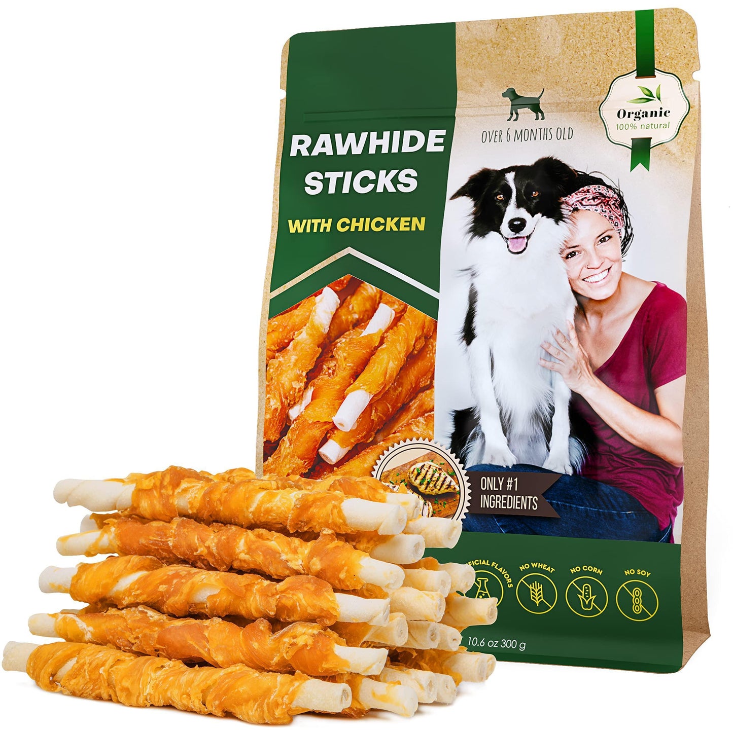 Natural Grain-Free Dog Chew Treats: Chicken-Wrapped Rawhide Sticks