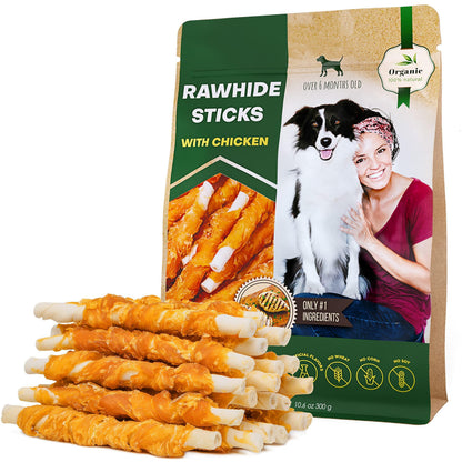 Natural Grain-Free Dog Chew Treats: Chicken-Wrapped Rawhide Sticks