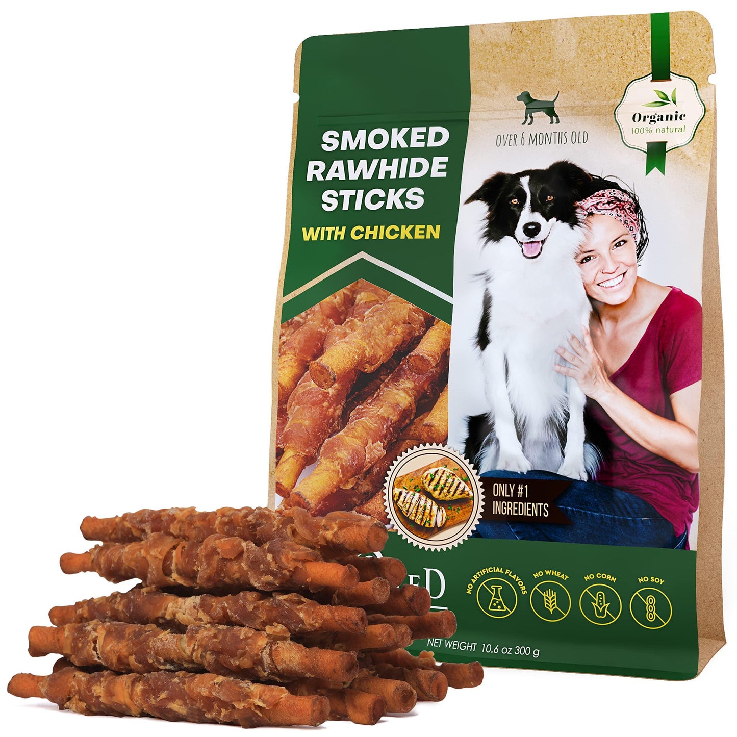 Delicious Chicken-Wrapped Smoked Rawhide Chew Sticks - Grain-Free Natural Treats for Happy Dogs